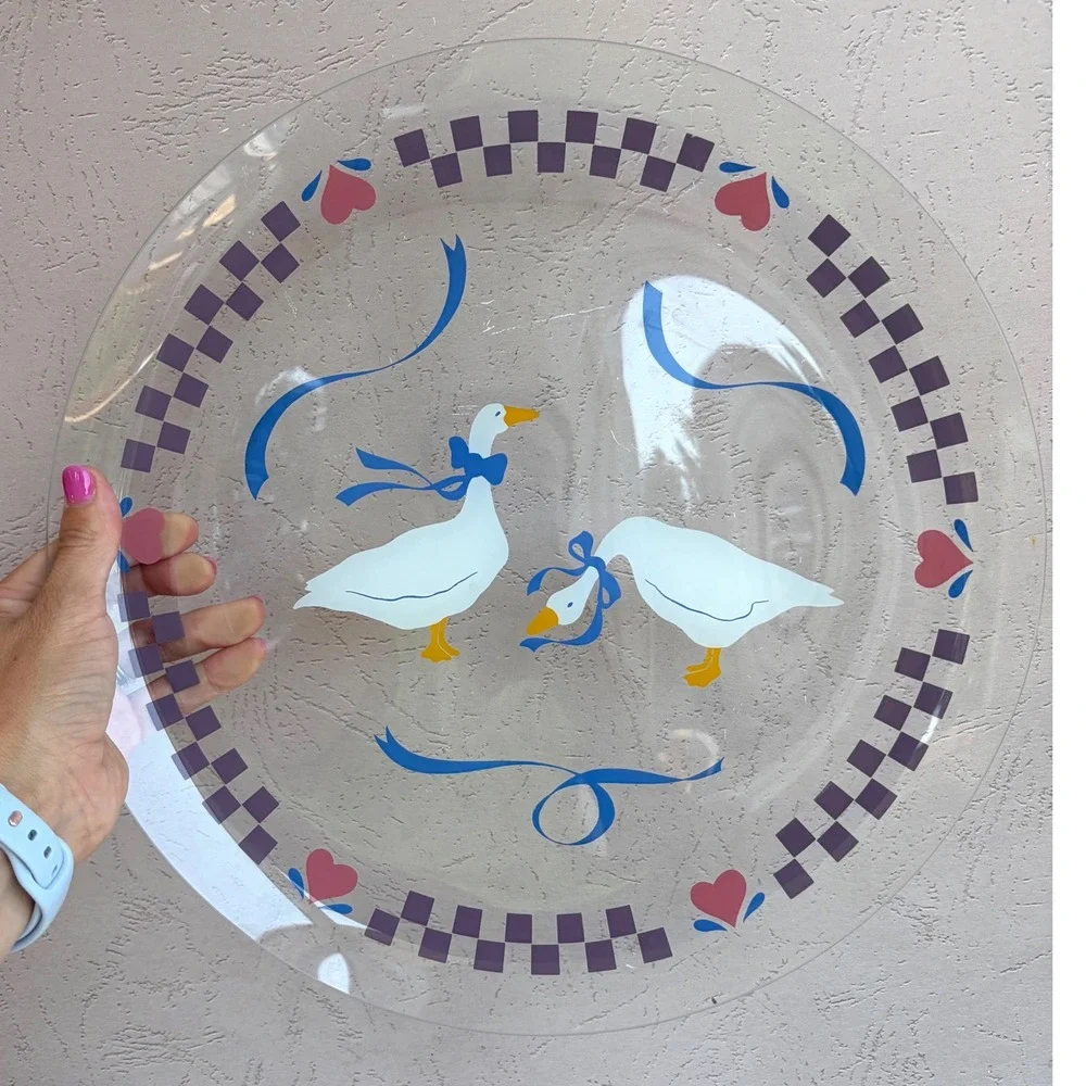 Vintage Country Goose Clear Glass 13 Inch Round Serving Platter Heart Border